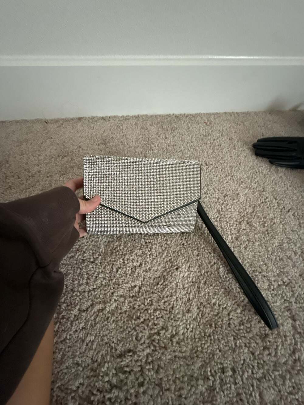 Rhinestone Envelope Clutch Wristlet Wallet Crossbody Bag Silver Black